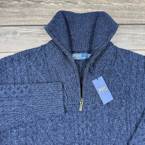 Polo‎ Ralph Lauren Aran Wool Alpaca Quarter Zip Sweater Blue Size XL NEW $398
